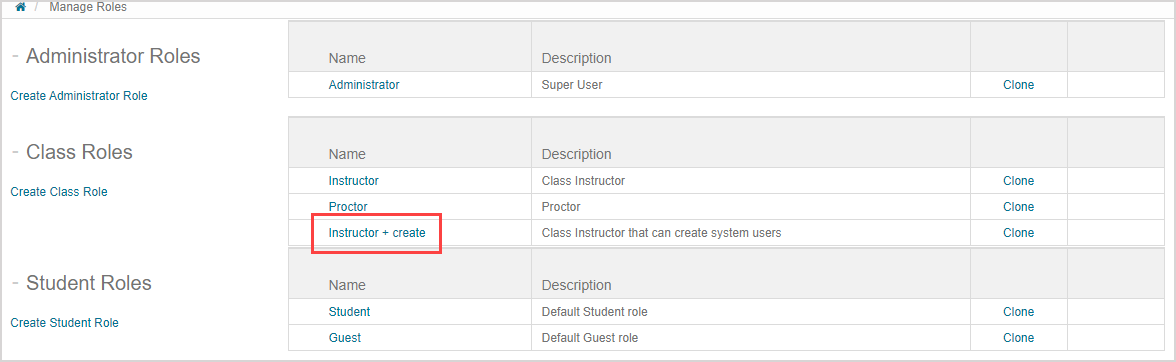 On the Manage Roles page, the name of a role in the table is highlighted.